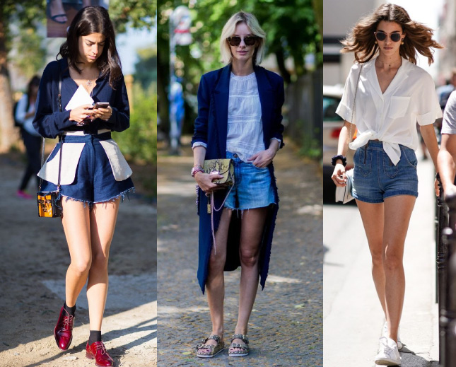 Três mulheres com looks elegantes de shorts jeans