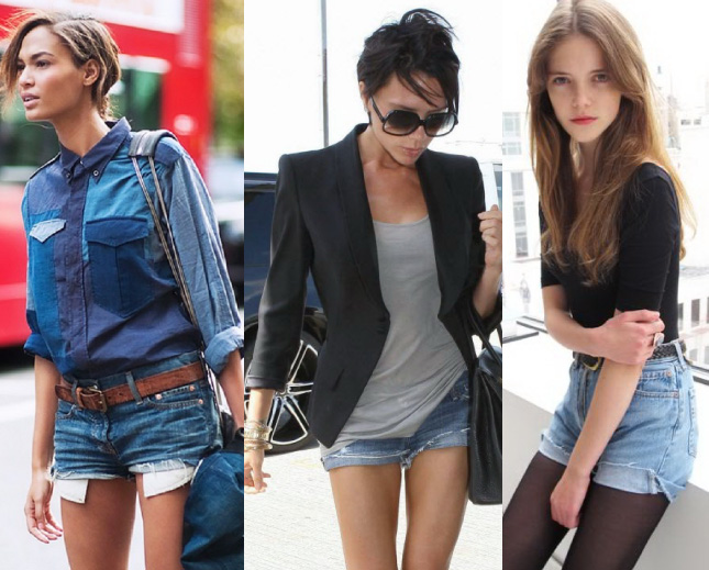 Três mulheres com looks elegantes de shorts jeans