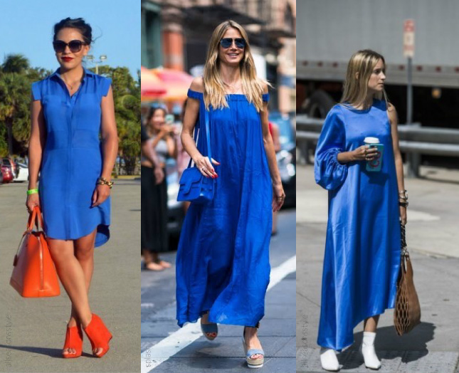 três mulheres usam vestido azul royal e sapatos coloridos
