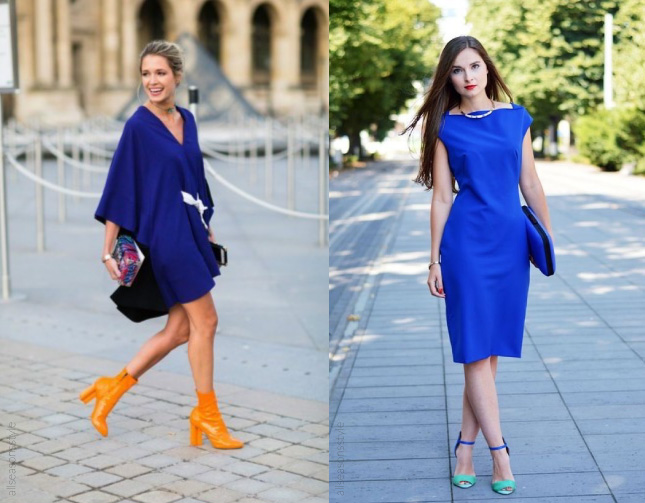 duas mulheres usam vestido azul royal com sapatos laranjas