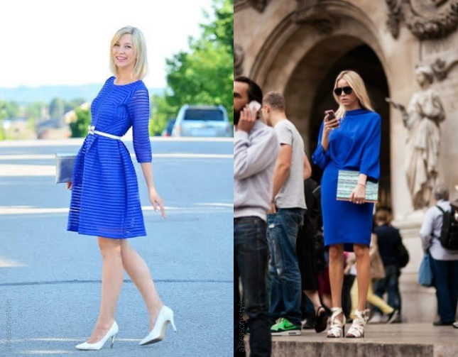 duas mulheres usam vestido azul royal e qual sapato