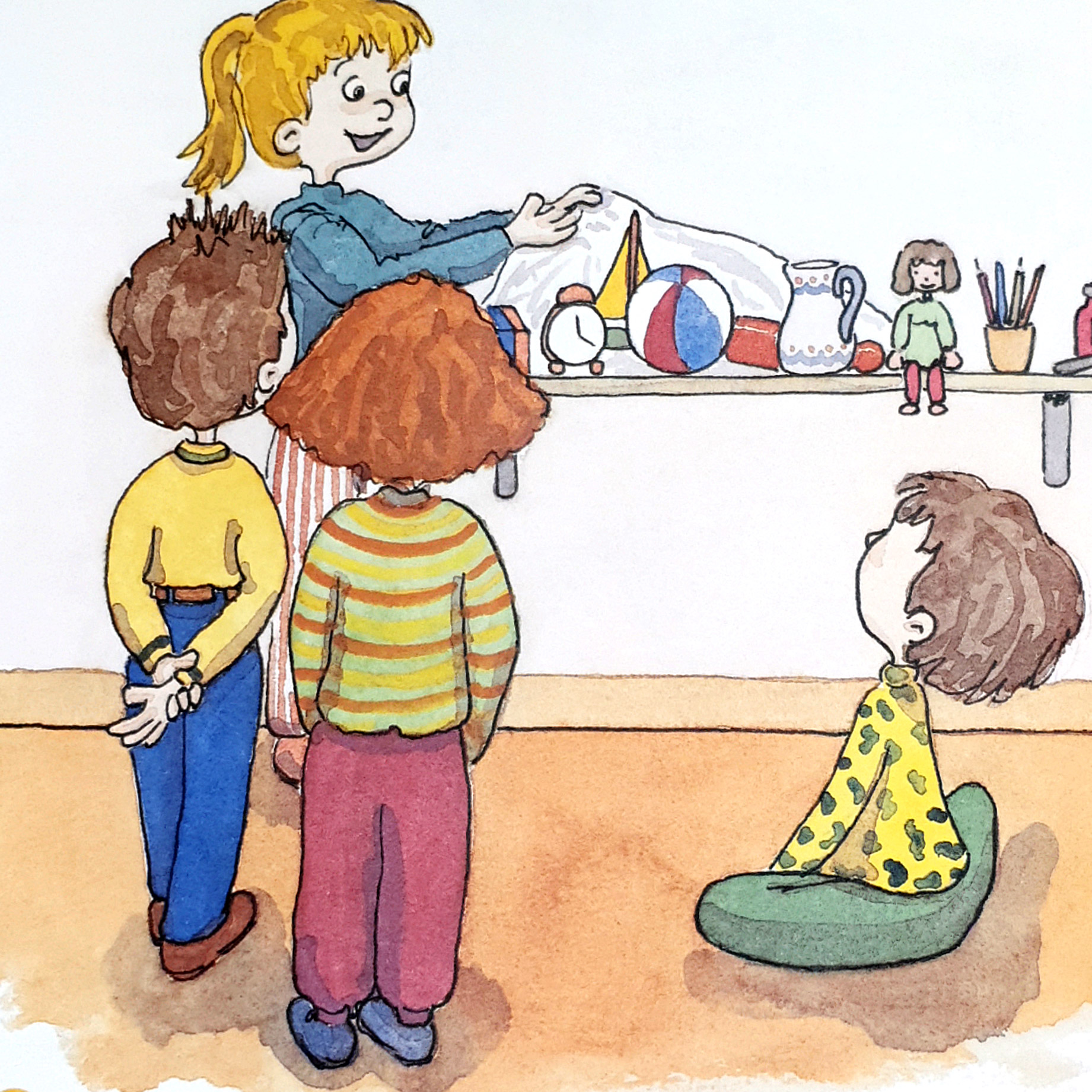 desenho de quatro crianças fazendo brincadeira de criança