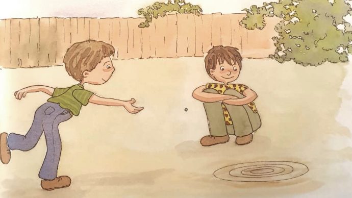 ilustração de duas crianças brincando de bolinha de gude