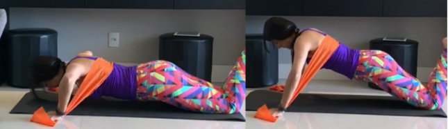 Mulher faz treino com elástico do tipo flexão