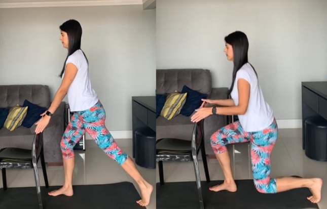 mulher faz exercicios em casa usando cadeira de apoio