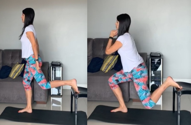 mulher faz exercicios em casa usando cadeira de apoio